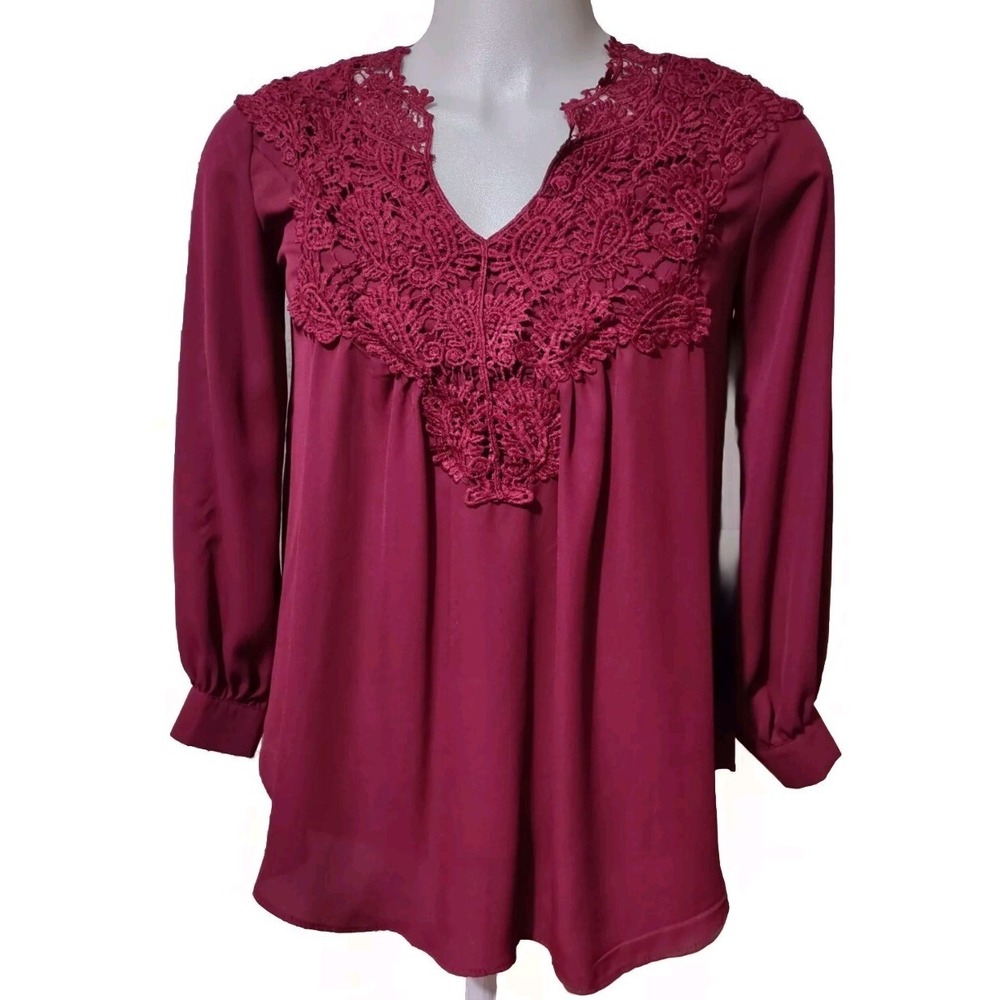 Melle Fashion‎ Blouse Top Women's Large Maroon Lace Paisley Long Sleeve V Neck